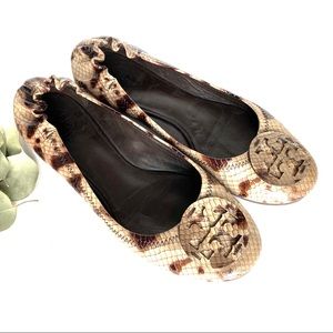 Tory Burch Reva Python Snake Leather Brown Flats 7